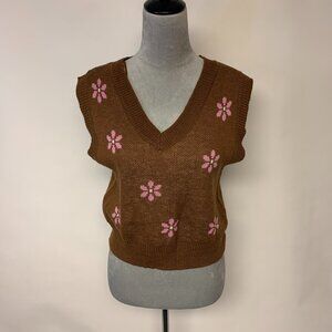 No Comment Womens Vest Size XL Brown & Pink Cropped Floral Boho Schoolgirl